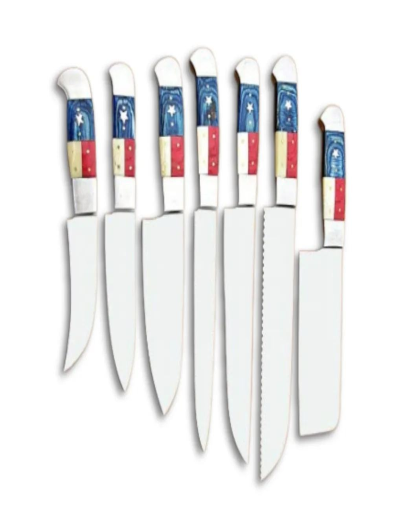 7-Piece Handmade D2 Steel Chef Knife Set with Resin Handles & Leather Sheath