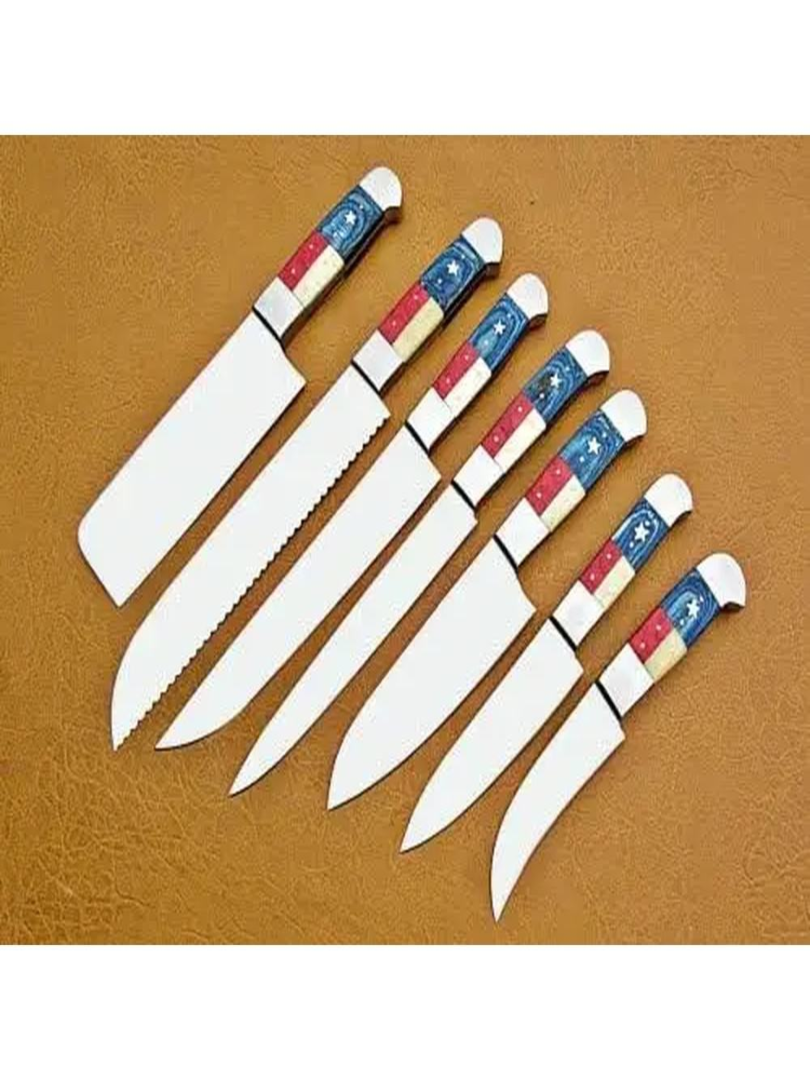 7-Piece Handmade D2 Steel Chef Knife Set with Resin Handles & Leather Sheath - Image 2